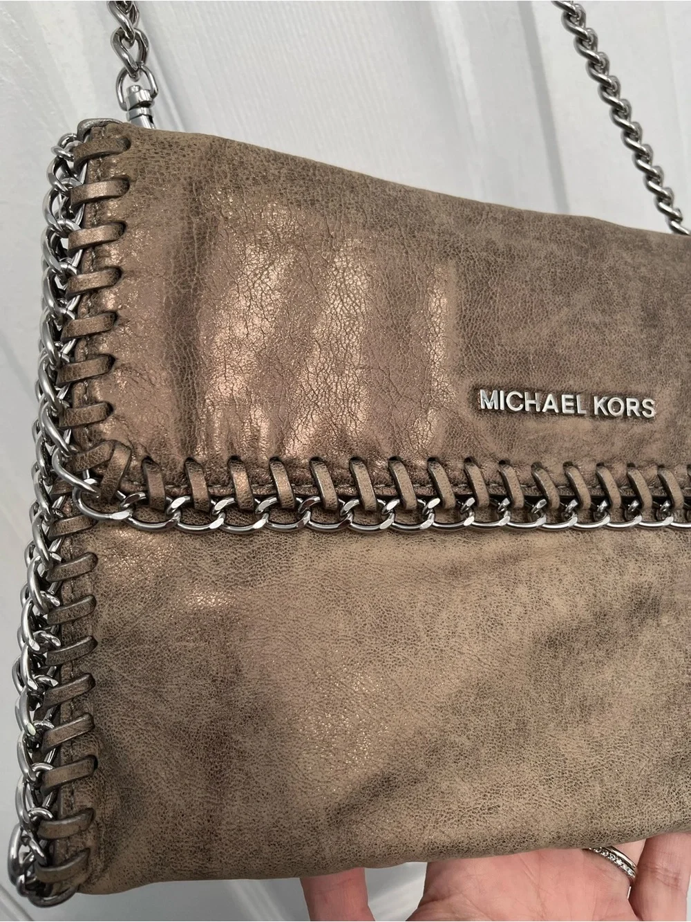 Michael Kors Distressed Leather Chain Trim Shoulder Clutch HandBag - Picture 6 of 17